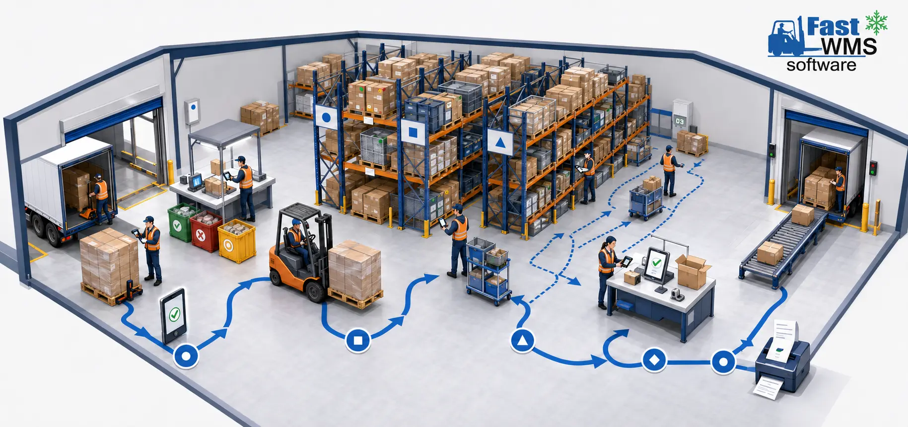 Cutaway illustration of a warehouse showing the Fast WMS workflow: inbound receiving at the dock, quality inspection, forklift put-away to racking, storage, scanner-guided picking, pick confirmation at the packing station, dispatch to the loading bay, and invoice printing